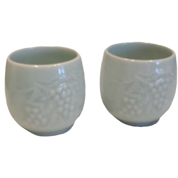 VTG Celedon Teacup /Sake Embossed Leaves Grapes Signed EUC set of 2 - Picture 1 of 7